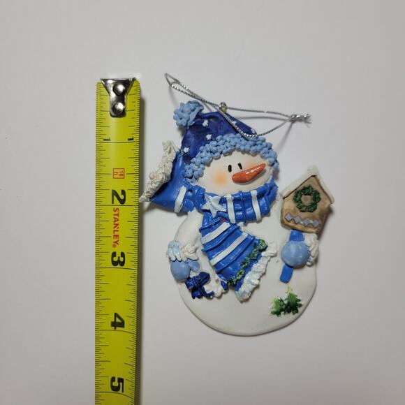 90s Blue Winter Snowman with Birdhouse Christmas Ornament - Picture 2 of 3